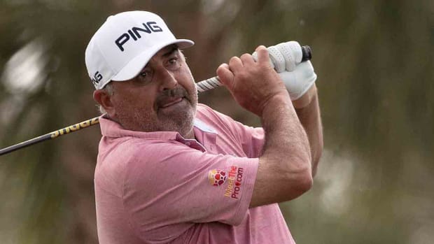 Angel Cabrera tees off at the 10th hole during the 2020 Chubb Classic in Lely, Fla.